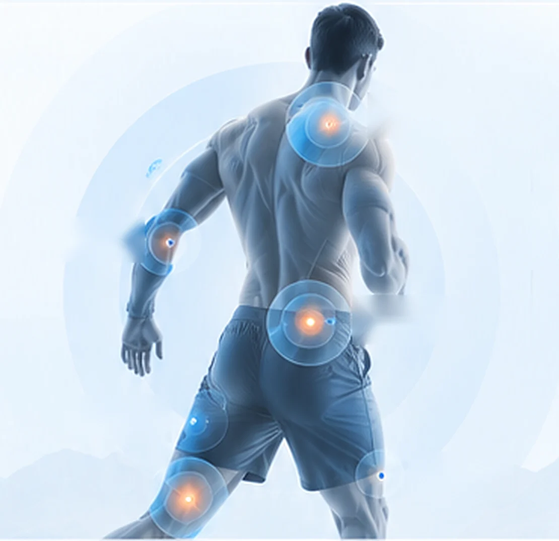 Figura humana con las zonas de dolor más frecuentes: hombro, codo, cadera, rodilla y tobillo